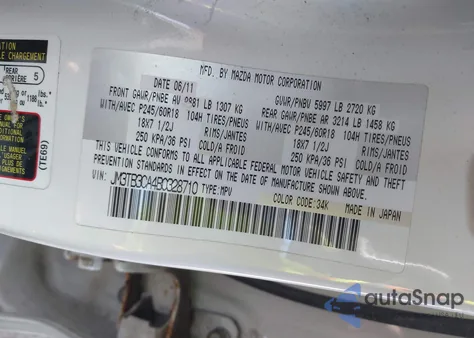 2011 Mazda Cx-9 Touring z USA, uszkodzony, nr VIN JM3TB3CA4B0328710